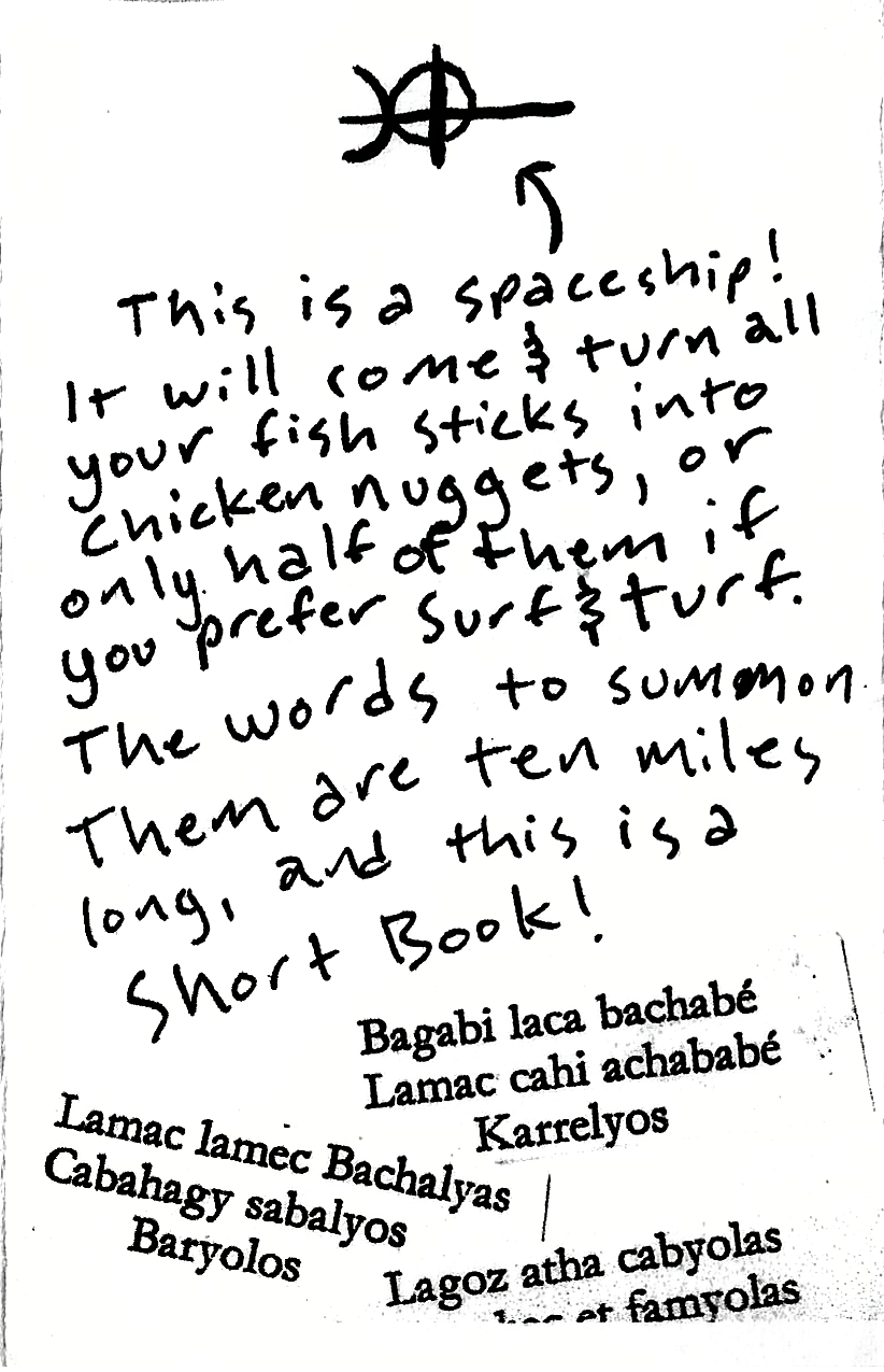 This is a spaceship! It will come & turn all your fish stick into chicken nuggets, or only half of them if you prefer surf & turf. The words to summon them are ten miles long and this is a short book! Bagabi laca bababe Lamac cahi achababe Karrelyos, Lamac Lamac Bachalyas Cabahgy sabalyos Baryolos Lagoz atha cab... [indecypherable]