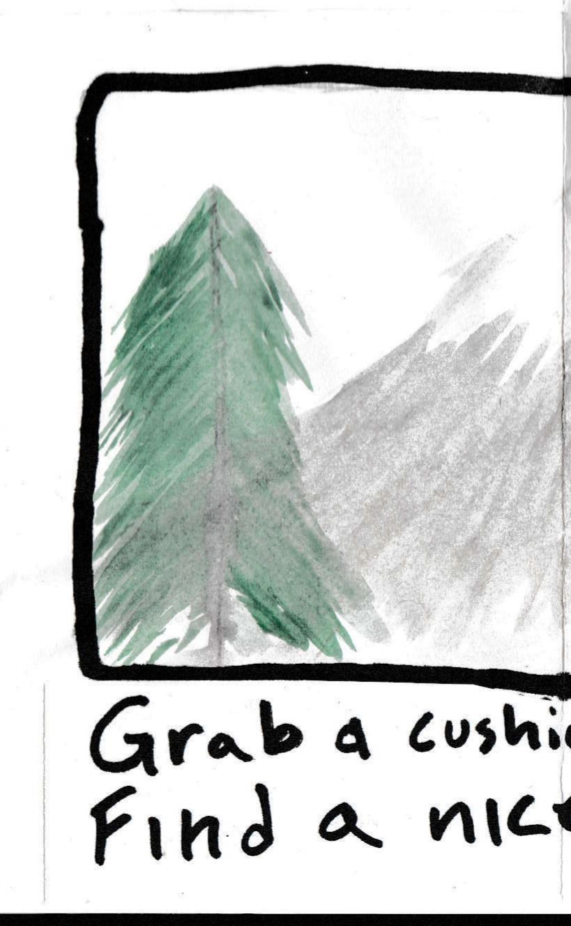 [This is a 2-page spread depicting a figure sitting crosslegged near pine trees and a mountain]